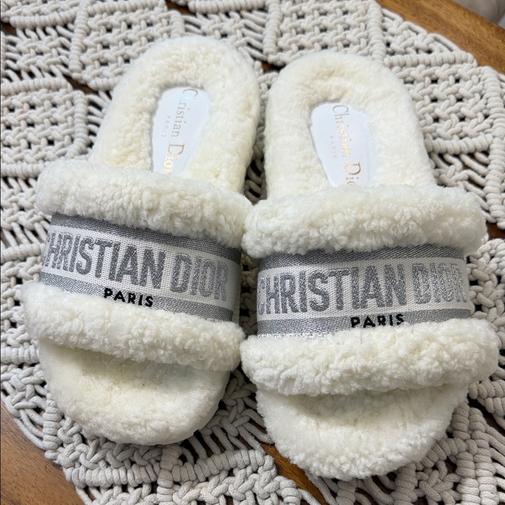 Dior Cream Fuzzy Slides